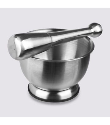 alt="Метален хаван и чукче от неръждаема стомана, диаметър 12,1 cm, височина 8,2 cm"