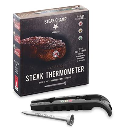 SteakChamp Ultimate Thermometer – LED термометър за стек с трицветен индикатор, неръждаема сонда и компактна активаторна кутия