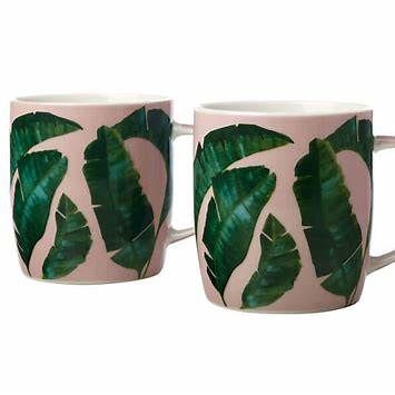 Комплект от 2 порцеланови чаши Maxwell & Williams Haven (380 ml) в розово с бананов листен мотив