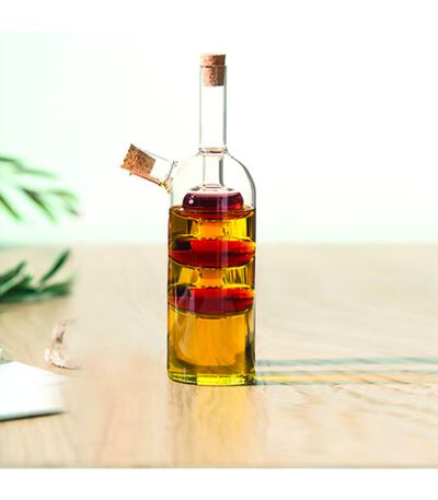 alt="Прозрачен стъклен дозатор за олио и оцет 2 в 1 с коркови тапи, 290 ml"