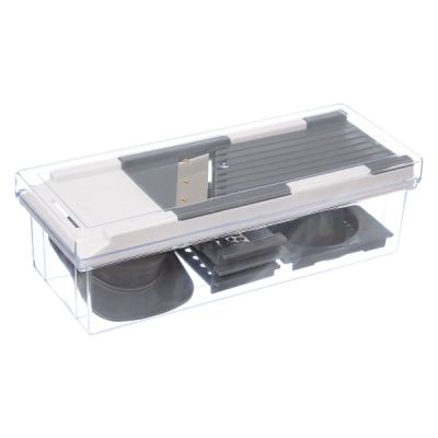 alt="Резачка за зеленчуци F-V Station с 5 настилки, бяло-сиво, размери 30×11.6×8.7 см"