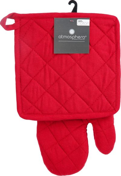“Atmosphera комплект – памучна ръкавица 33×20 cm и подложка 20×16 cm, червен текстил.”