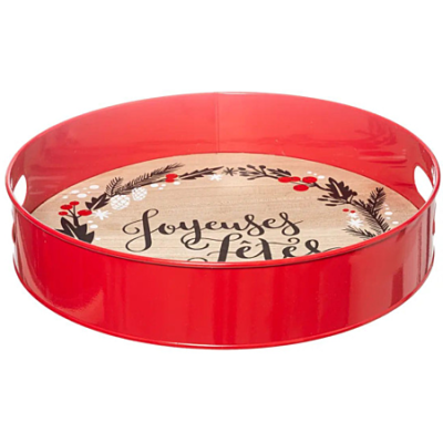 “Червен празничен поднос Atmosphera ‘Ferme aux sapins’ Ø 35 см с надпис Joyeuses fêtes и дръжки”